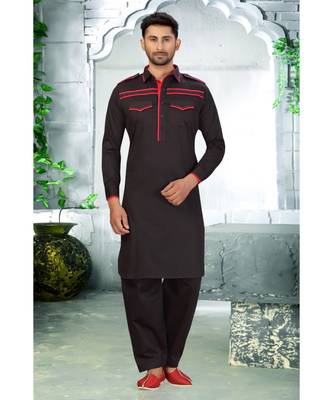 Black With Red patch work designer wear Cotton Pattern Pathani Set 1