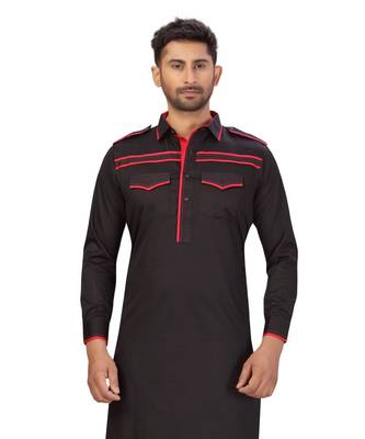 Black With Red patch work designer wear Cotton Pattern Pathani Set 4