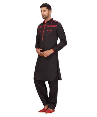 Black With Red patch work designer wear Cotton Pattern Pathani Set 5