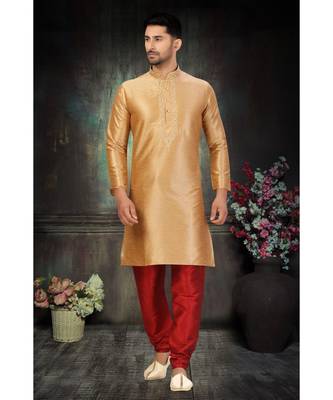 Gold Art Silk Embroidered Kurta Pyjama 1
