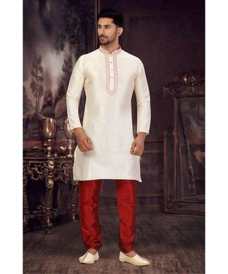 Cream art silk embroidery kurta for mens wear 1