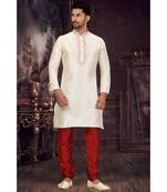 Cream art silk embroidery kurta for mens wear