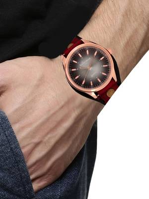 LeatherHood 18K Rose Gold Plated Handcrafted Genuine Black Red Leather Analog Black Men's Watch 4