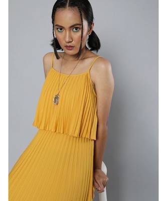 Mustard Pleated Strappy Maxi Dress 1