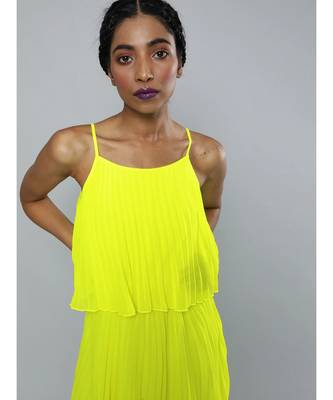 Neon Green Pleated Strappy Skater Dress 1