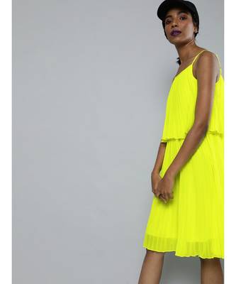 Neon Green Pleated Strappy Skater Dress 2