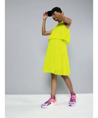 Neon Green Pleated Strappy Skater Dress 4