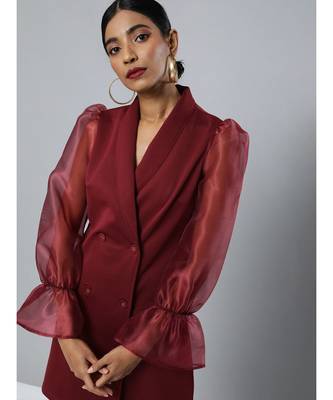 Burgundy Organza-Sleeves Blazer Mini Dress 1