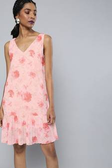 Pink Floral V-Neck Pleated Hem Dress