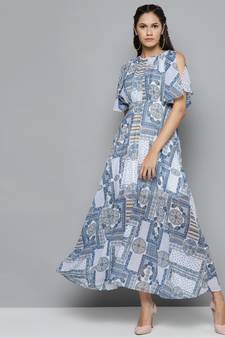 Blue Patch Print Maxi Dress