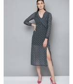 Navy Floral Geo Print Wrap Detail Midi Dress