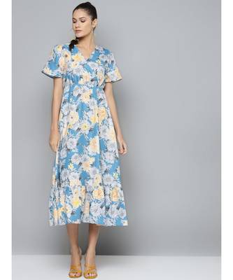 Blue & Yellow Floral Wrap Frill Hem Maxi 1