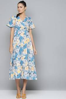 Blue & Yellow Floral Wrap Frill Hem Maxi