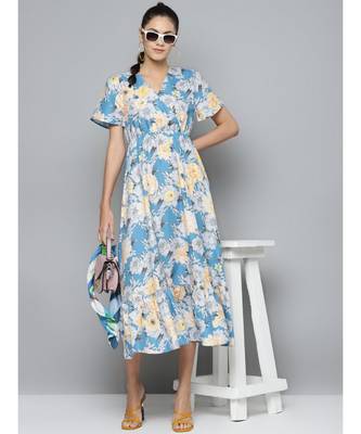 Blue & Yellow Floral Wrap Frill Hem Maxi 4