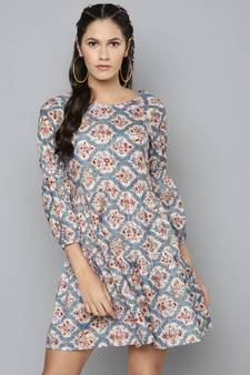 Blue & Beige Floral Tiered Skater Dress