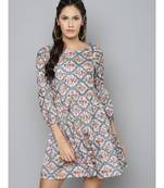 Blue & Beige Floral Tiered Skater Dress