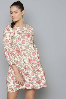 Beige & Red Floral Tiered Skater Dress
