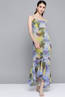 Yellow & Purple Tie-Dye Print Strappy Maxi