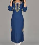 Teal blue Cotton blend 3/4th  bell  Sleeves saganeri embroidered Womens Kurta