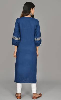 Teal blue Cotton blend 3/4th  bell  Sleeves saganeri embroidered Womens Kurta 2
