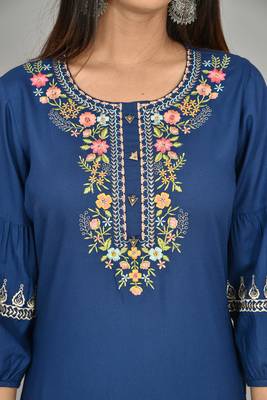 Teal blue Cotton blend 3/4th  bell  Sleeves saganeri embroidered Womens Kurta 3