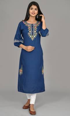 Teal blue Cotton blend 3/4th  bell  Sleeves saganeri embroidered Womens Kurta 4