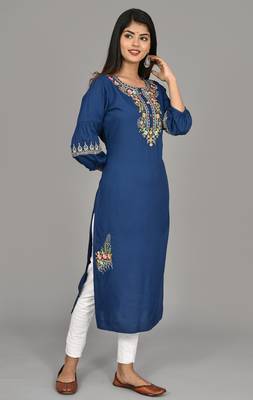 Teal blue Cotton blend 3/4th  bell  Sleeves saganeri embroidered Womens Kurta 5