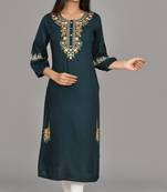 Navy blue Cotton blend 3/4th  bell  Sleeves saganeri embroidered Womens Kurta