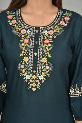 Navy blue Cotton blend 3/4th  bell  Sleeves saganeri embroidered Womens Kurta 2