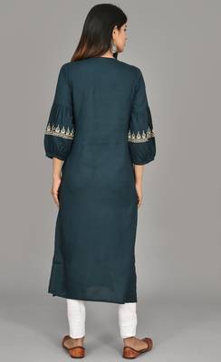 Navy blue Cotton blend 3/4th  bell  Sleeves saganeri embroidered Womens Kurta 3