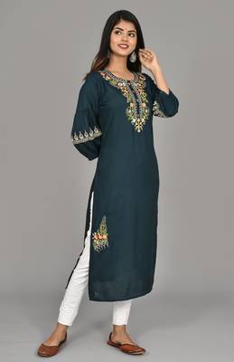 Navy blue Cotton blend 3/4th  bell  Sleeves saganeri embroidered Womens Kurta 4