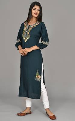 Navy blue Cotton blend 3/4th  bell  Sleeves saganeri embroidered Womens Kurta 5