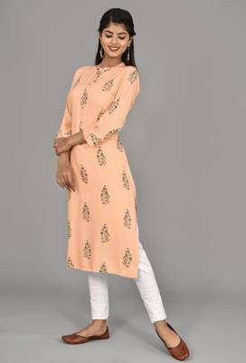 Orange jaipuri embroidered straight casual wear kurti cotton 5