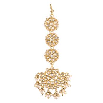 Traditional Matte Finish Floral Beaded Manng Tikka Studded with Kundan & Faux Pearls for Women/Girls 3
