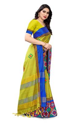 Yellow embroidered cotton silk saree with blouse 4