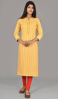Women Yellow Striped Embroidered rayon Straight Kurta  1