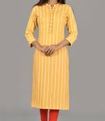Women Yellow Striped Embroidered rayon Straight Kurta 