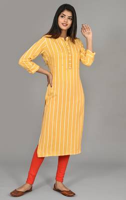 Women Yellow Striped Embroidered rayon Straight Kurta  2
