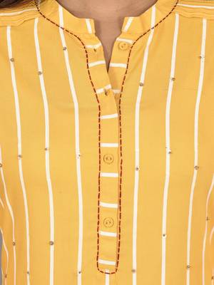 Women Yellow Striped Embroidered rayon Straight Kurta  3
