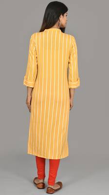 Women Yellow Striped Embroidered rayon Straight Kurta  4