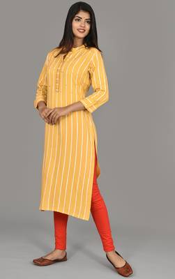 Women Yellow Striped Embroidered rayon Straight Kurta  5