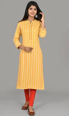Women Yellow Striped Embroidered rayon Straight Kurta  6