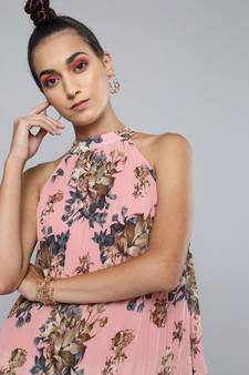 Pink Floral Pleated Halter Top