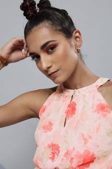 Light Pink Floral Halter Neck Pleated Top