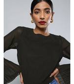 Black Pleated-Sleeves Crop Top