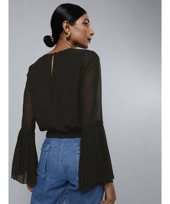 Black Pleated-Sleeves Crop Top 3