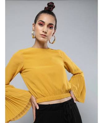 Mustard Pleated-Sleeves Crop Top 1