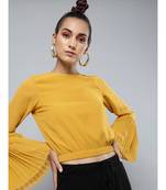 Mustard Pleated-Sleeves Crop Top
