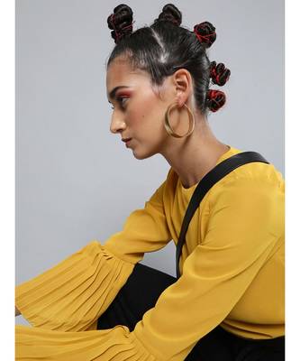 Mustard Pleated-Sleeves Crop Top 2