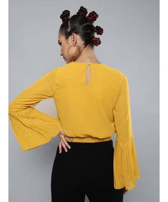 Mustard Pleated-Sleeves Crop Top 3
